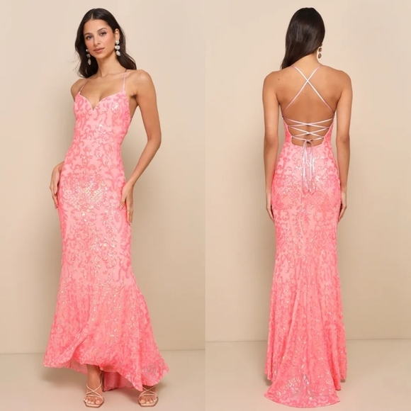 Lulus Limitless Glamour Coral Pink Sequin Lace-Up Maxi Dress M Wedding Party